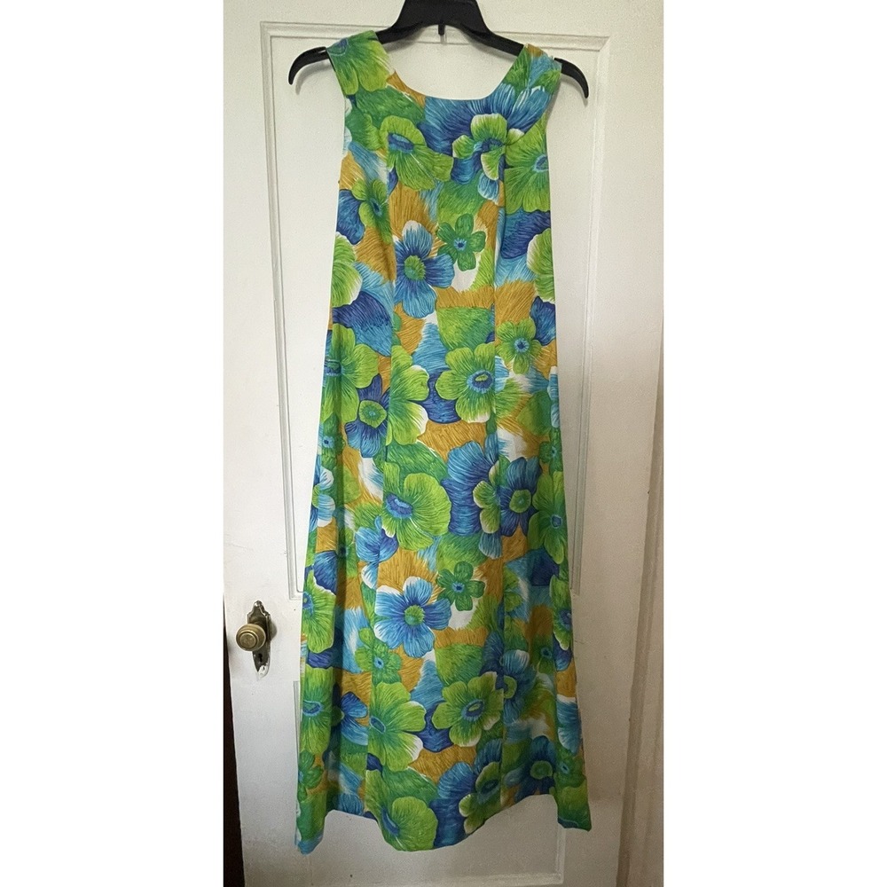 Vintage 70s Pomare Hawaiian Blue Green Floral Tiki Muumuu Maxi Dress Sz 12